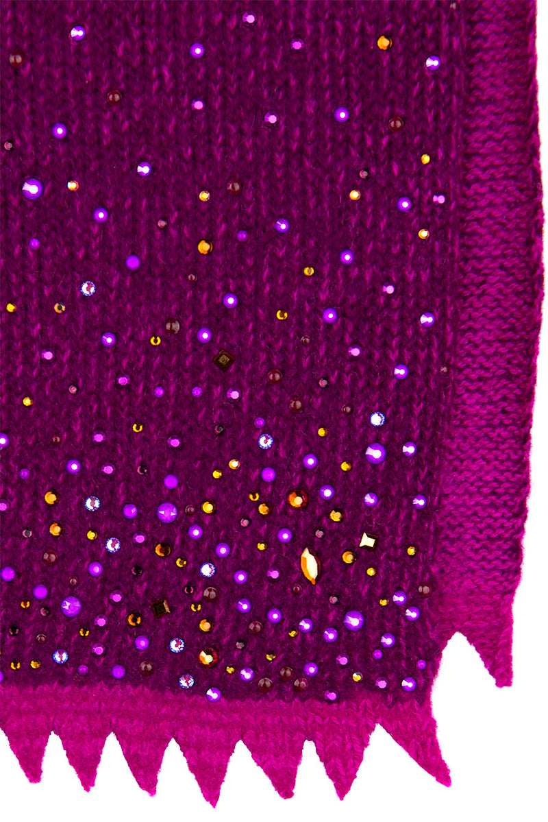 Bordeaux colored Starry Night fabric swatch with fuchsia sawtooth fringe and crystals.