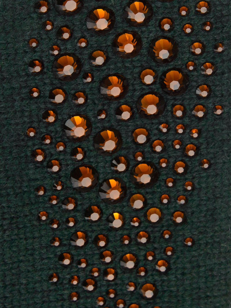 Dark Green cashmere fabric swatch with mocha colored Austrian crystals.