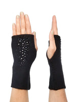 Black 8 inch long cashmere Stingray Fingerless Gloves with the finest Austrian crystals in a stingray design on the top of each glove.