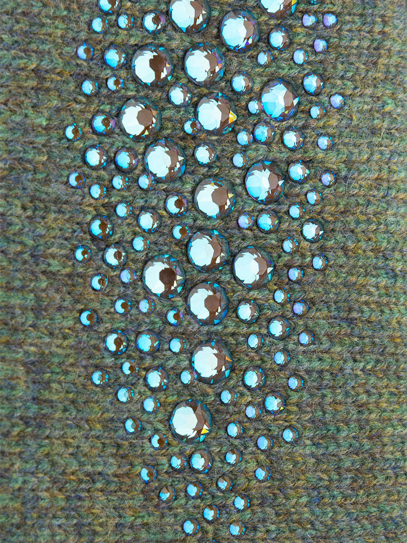 Sage fabric swatch for Cropped Stingray Gloves showing aqua crystal embellishment details.